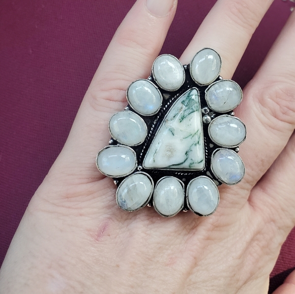 New Huge Tree Agate & Rainbow Moonstone 925 Silver Statement Ring. - Picture 3 of 13